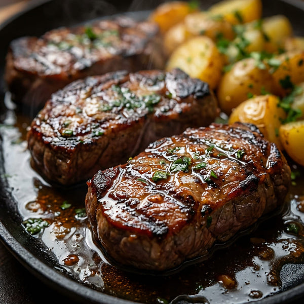 Steak with potatoes on a cast iron skillet