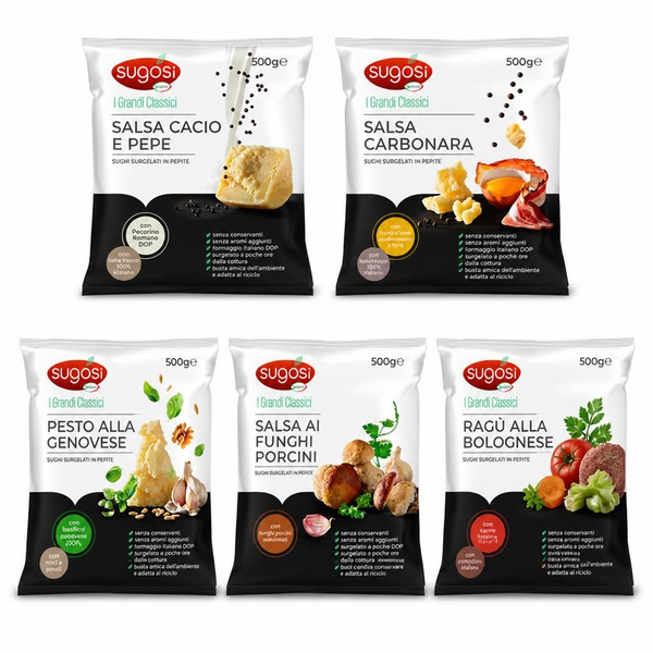 Sugosi Frozen Pasta Sauce - Bolognese, Porcini Mushroom, Pesto, Carbonara, Cheese & Pepper