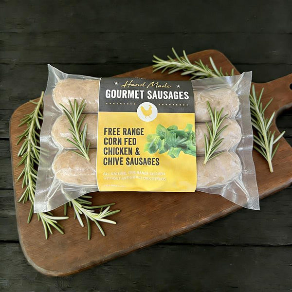 Frozen Free Range Corn Fed Chicken & Chive Sausages 500g
