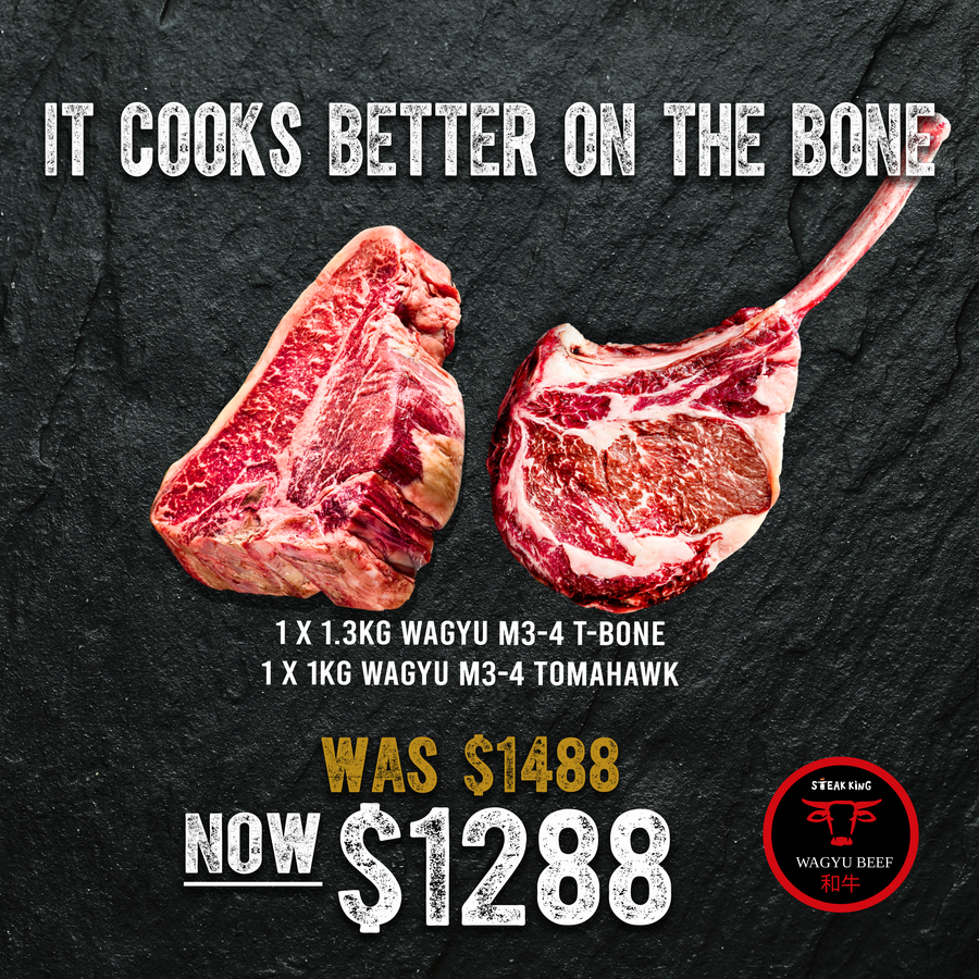 Chilled Wagyu M3-4 X 1kg T-bone & 1.3kg Tomahawk Steaks