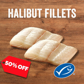 50% Off - Frozen Skinless Halibut Fillets (2x1Kg Packs)