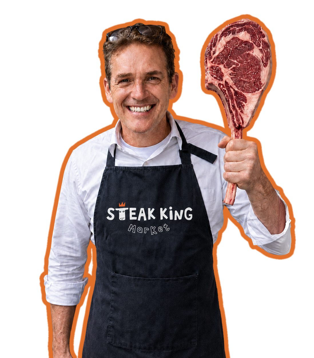 Johnny Glover, Steak King founder, holding a tomahawk steak