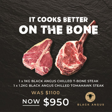Chilled Black Angus 1kg T-bone & 1.2kg Tomahawk Steaks